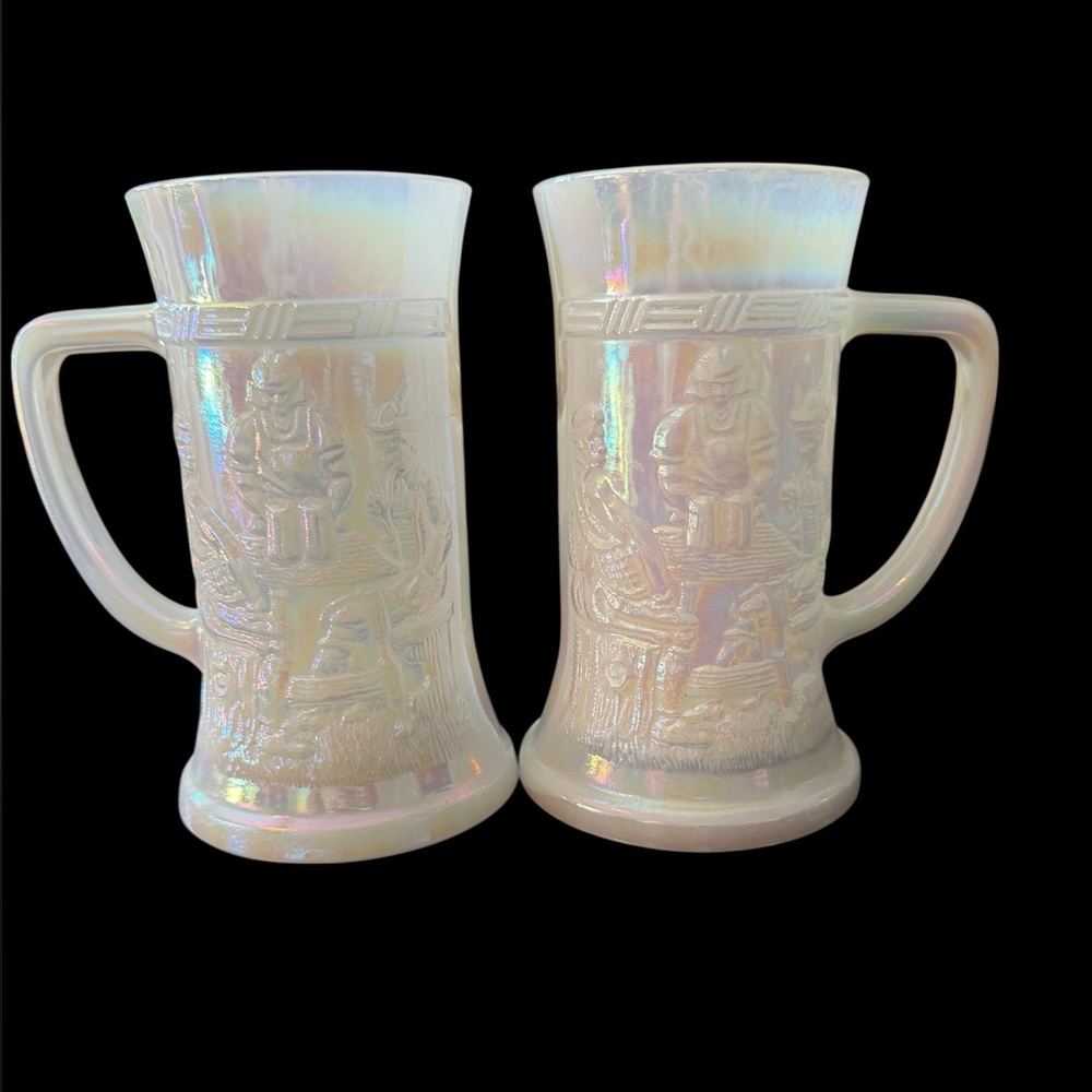 Vintage Iridescent Milk Glass Beer Mugs with Handle